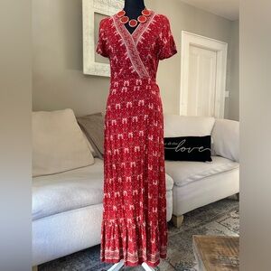 ZESICA Boho Cottagecore Ruffle Hem Red Floral Wrap V Neck Maxi Dress Size S
